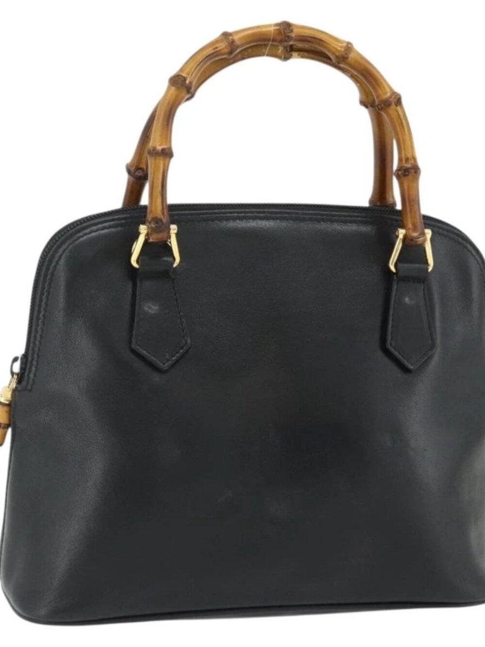GUCCI Bamboo Hand Bag Leather Black Gold Auth